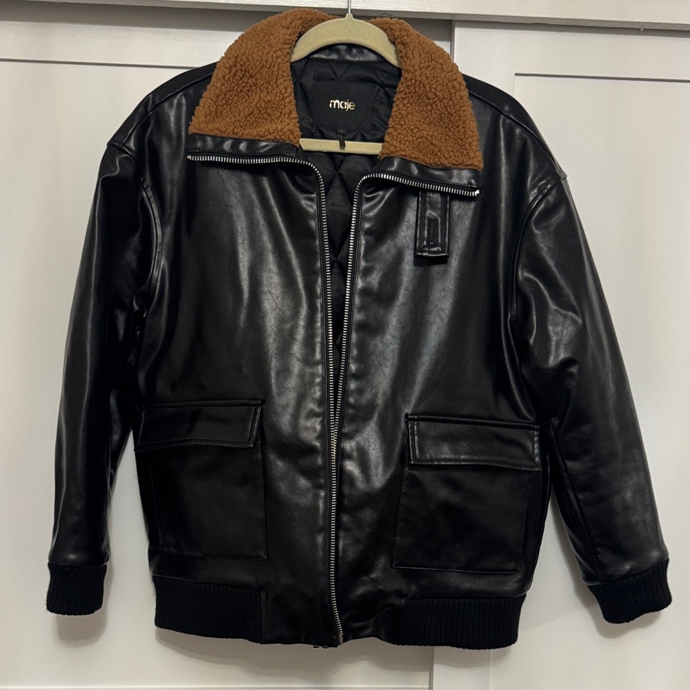 Maje Black Faux Leather Jacket with Brown Collar